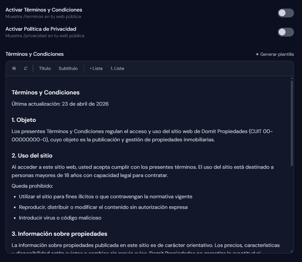 Toggles de páginas legales con editores activos