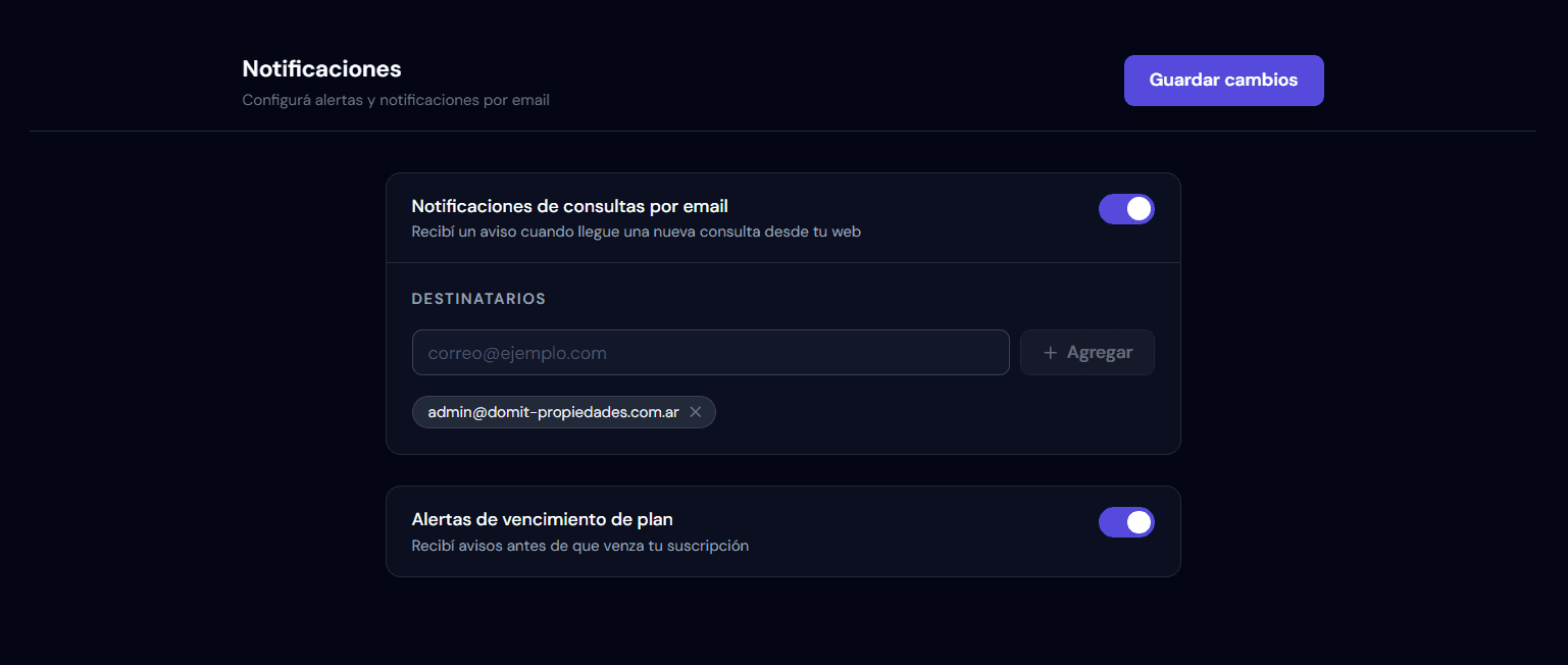 Sección de notificaciones con destinatarios