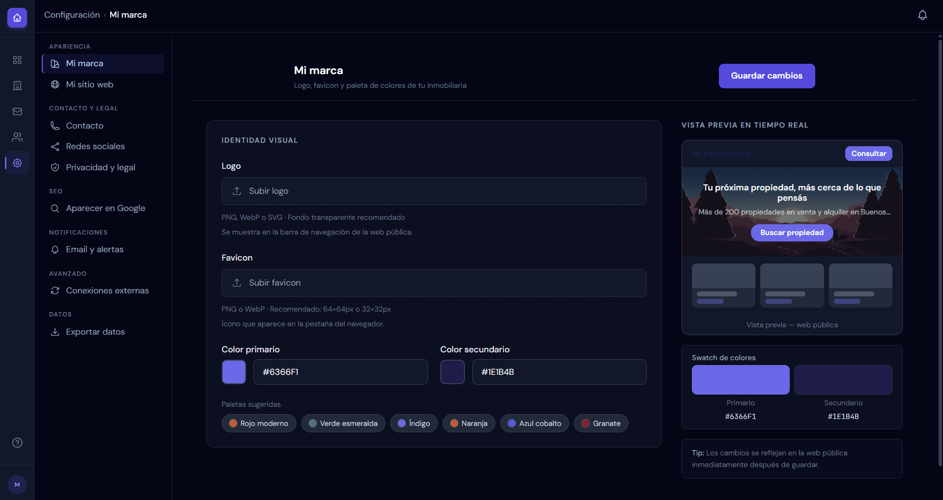 Sidebar de configuración